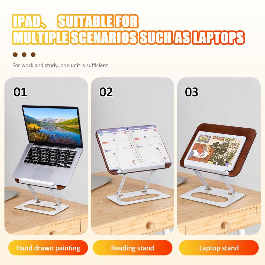 Lurrose Foldable Wooden Bookstand, Adjustable Desk Holder with Multi-Angle Design for Books, Recipes, and Tablets