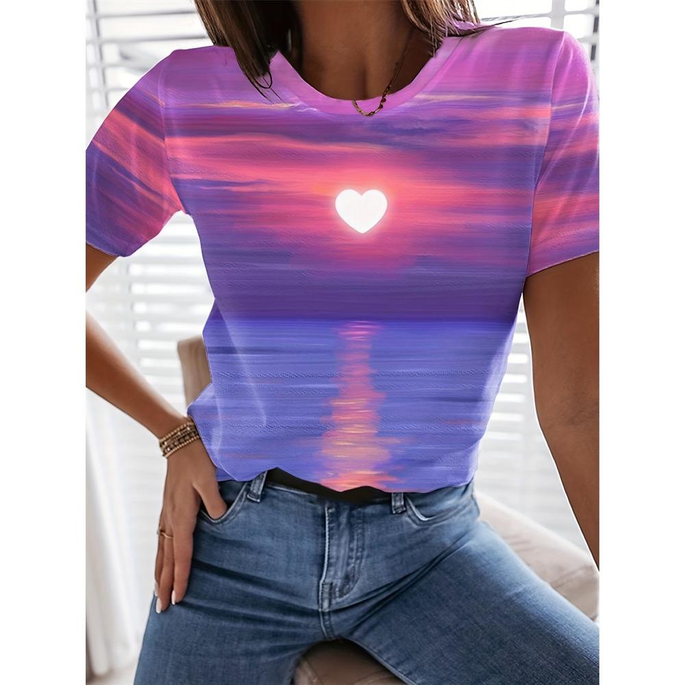Women's Fashion Short-Sleeve T-Shirt Casual Comfortable Sunset Print Tops Elegant Womens Round Neck Top Everyday Versatile Tees