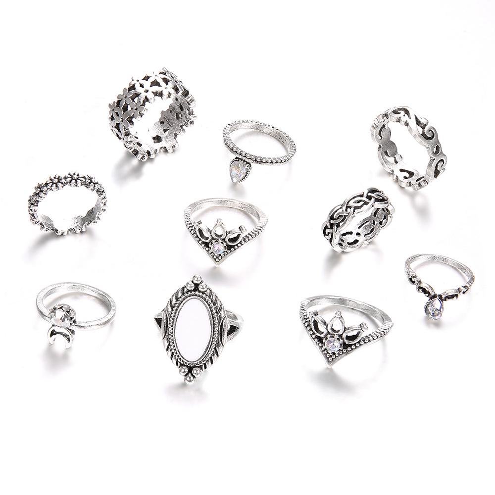 Dazzling Opal Diamond Crescent 10-Piece Joint Ring Combination Set