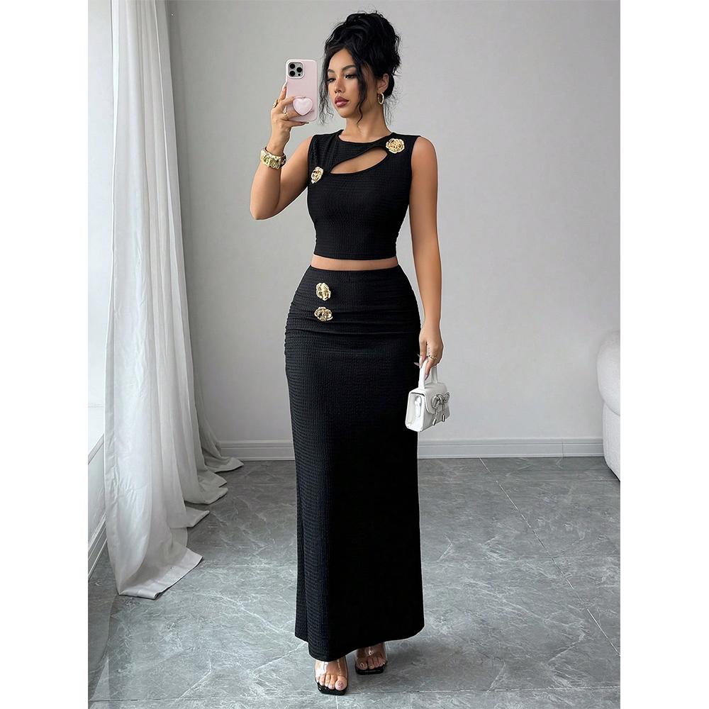 Women s 2 Pieces Summer Sets 2-Piece Set Knit Button Hollow Top And Waist Slit Skirt Skirt Set S