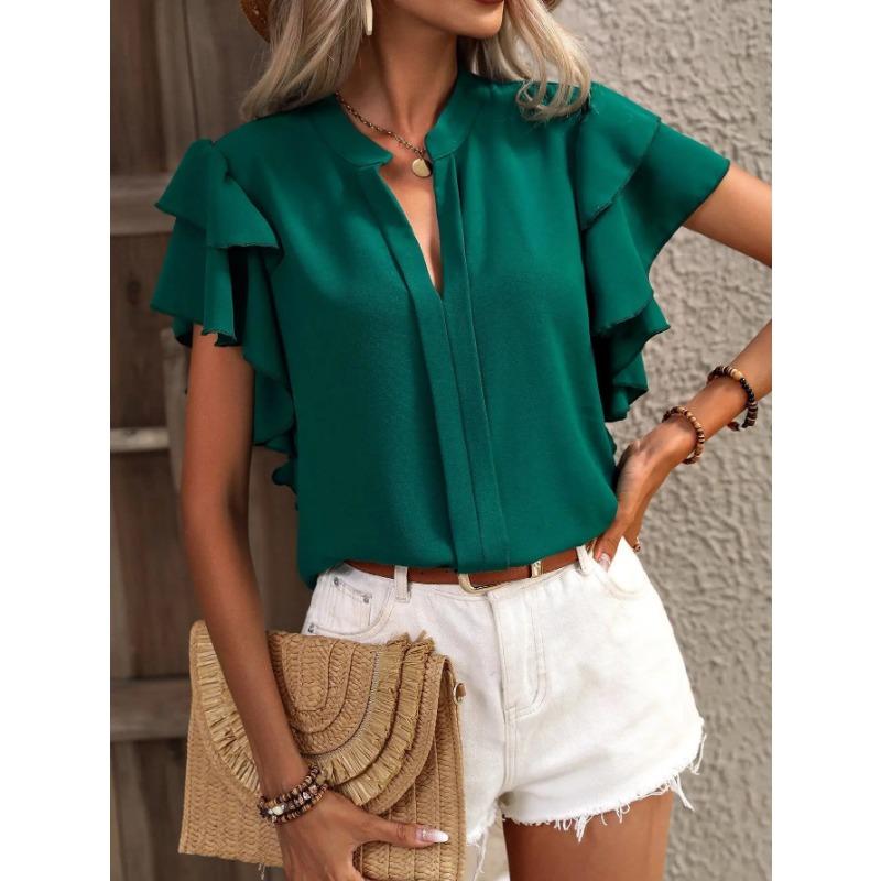 Elegant Pullover Blouse Women's Summer New V-neck Casual Double Layered Ruffle Sleeves Solid Color Shirt Top