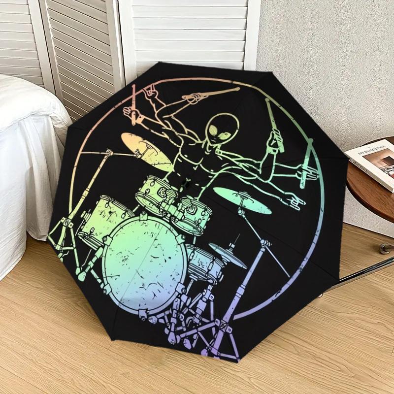 1pc Alien Drummer Art Print Umbrella with Plastic Handle,Suitable for All Seasons Home Travel Outdoor UmbrellaDD545