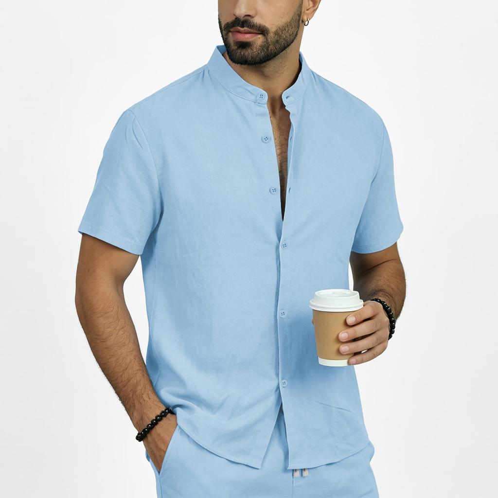 Men's Summer Linen Short Sleeve Shirt Stand Collar Button Down Shirt Casual Breathable Lightweight Top for Daily Wear