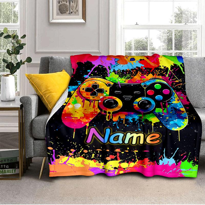 1PC Custom Name Colorful Controller Flannel Blanket Versatile, All-season Throw Suitable for the Living Room, Bedroom, Camping, Travel, and Gift