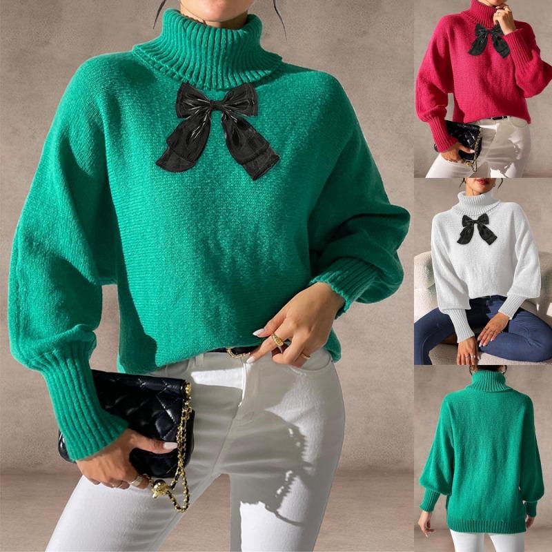 2025 New Autumn and Winter Women's Tops Lace Bow Turtleneck Pullover Sweater