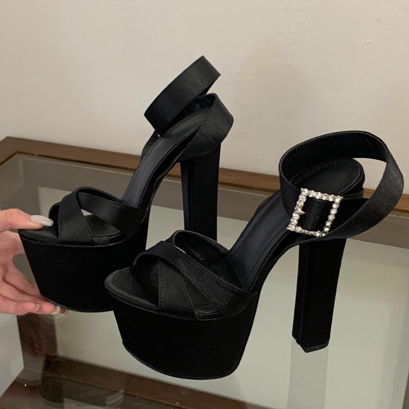 Pesstwei New Summer Solid Platform Square High Heels Women Sandals Fashion Crystal Buckle Strap Open Toe Party Shoes