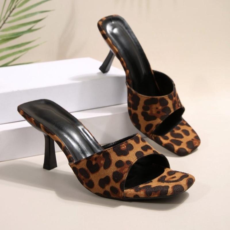 Fashion Leopard Print High Heels Sandals Women 2026 Summer Thin Heeled Outdoor Slippers Woman Plus Size 43 Ladies Party Shoes