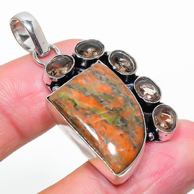 Natural Unakite, Topaz Gemstone 925 Sterling Silver Gift Pendant 1.89" M5C45