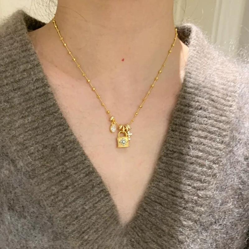 Charming Cross Lock Pendant Necklace Women Zircon Circle Fringe Minimalist Personality Retro Necklace Accessory Party Daily Gift