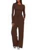 Solid Color Casual Long Sleeve Set Top High Waisted Wide Leg Pants Sportswear