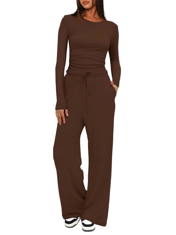 Solid Color Casual Long Sleeve Set Top High Waisted Wide Leg Pants Sportswear