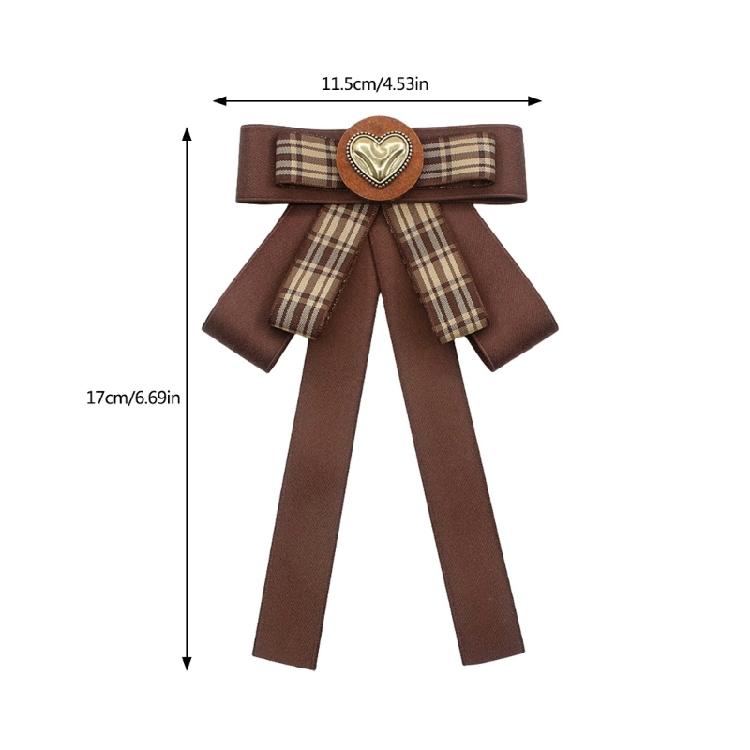Vintage Brown Plaids Ribbon Pre Tied Bowtie Brooch Pin Women Corsage Shirt Jabot Collar Uniform Bowknot Necktie Clip