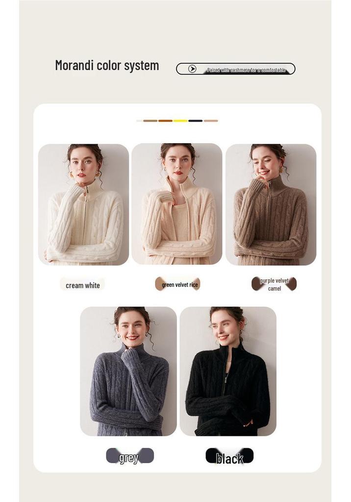 Luxury Double Zipper Heavy Duty Cable Knit Cashmere Cardigan for Women - High Neck, Loose Fit, Slimming, Thick Sweater Coat