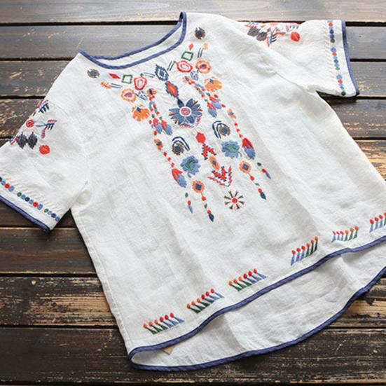 T-shirt Embroidered Loose National Style Ladies Short Sleeve Oversize Blouse