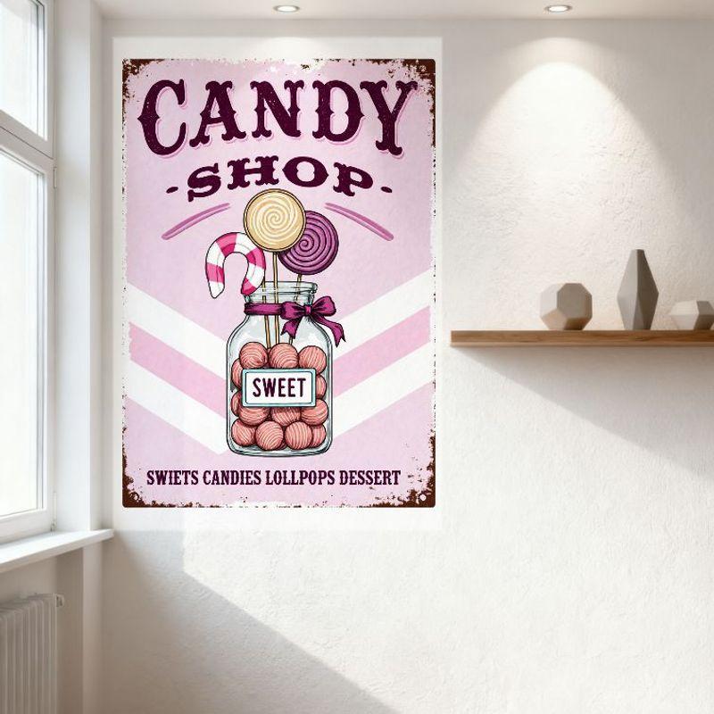 Vintage Style Candy Shop Metal Tin Sign Light Pink Chevron Background Glass Jar with Pink Sweets for Home Wall Decor Bar Club Ca