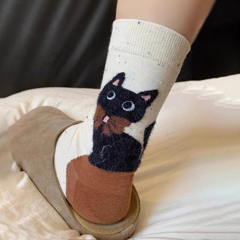 Autumn Vintage White Kawaii Socks Women Cute Cartoon Cat Pattern Middle Tube Socks Japanese Soft Cotton Winter Warm Floor Sock