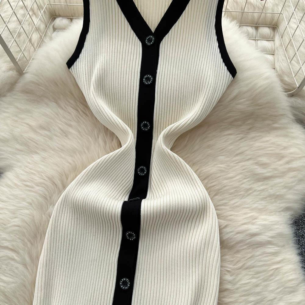 Summer Women Casual V-neck Sleeveless Single Breasted Knitted Sweater Long Midi Dresses