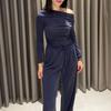 European and American women's clothing new casual and comfortable pleated diagonal collar slim top high waist wide leg pants set