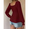 Women V Neck Drawstring Ruched Solid Color Loose Long Sleeve Casual T Shirt