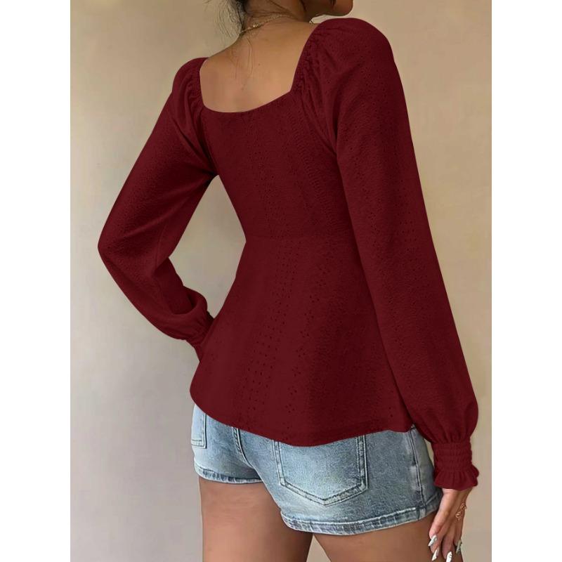 Women V Neck Drawstring Ruched Solid Color Loose Long Sleeve Casual T Shirt