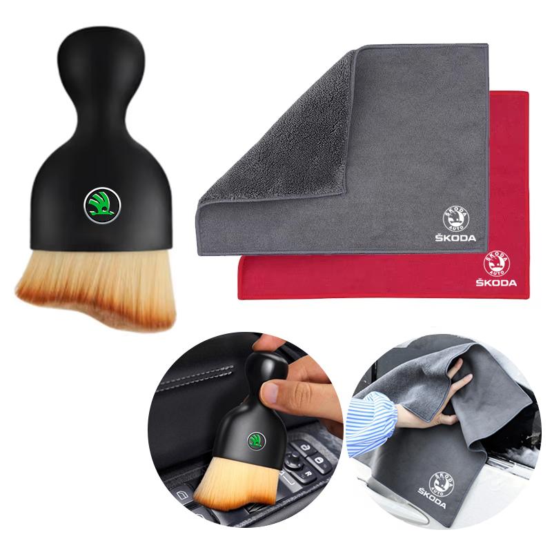 HIAQ2 Car Interior Cleaning Soft Brush Microfiber Towel Clean Tools For Skoda Octavia Superb Rapid Kodiaq Karoq Fabia Kamiq Enyaq Yeti