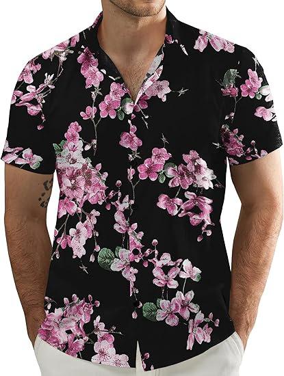 Men's Short Sleeve Shirt, Sunflower Print Loose Fit Shirt, Lightweight Collared Button-Up Casual Top