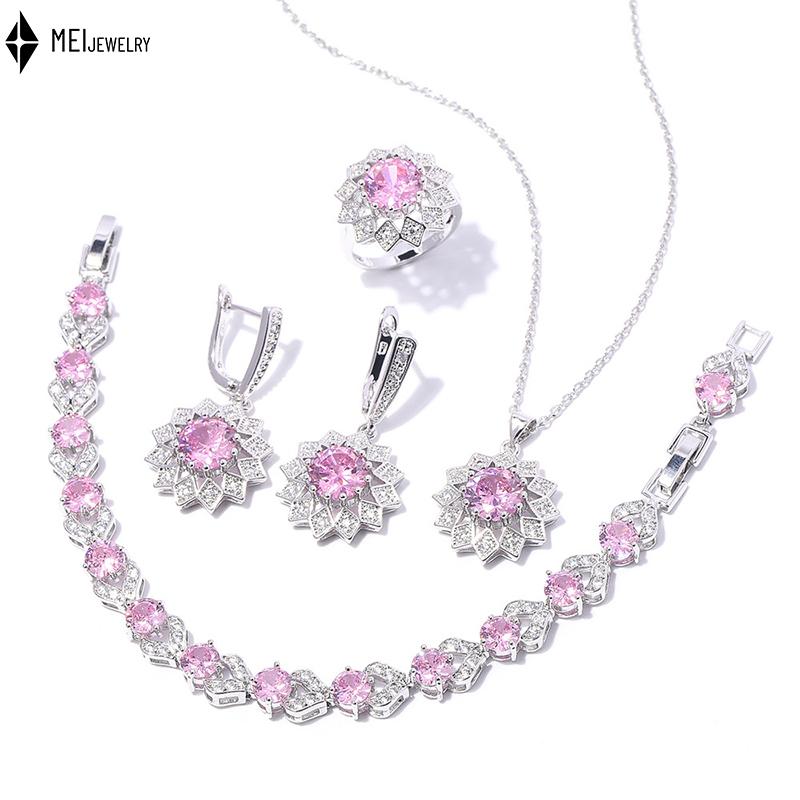 Culori Multiple Rotund Cupru Incrustat Zirconiu Cubic Placat Platină Colier Cercei Inele Brățări Set Bijuterii