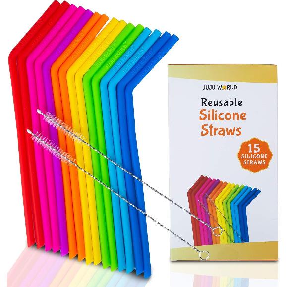 15 FITS ALL TUMBLERS STRAWS - Reble Silicone Straws for 30 and 20 oz Yeti - Flexible Easy to Clean + 2 Cleaning Brushes - BPA Free, No Rubber Taste