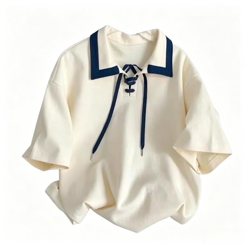 Color Blocking Women's T-shirt Turn Down Collar Drawstring Tie Short Sleeved Tees Japanese Style Summer New Version Loose Female Top