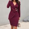 Women Solid Turn Down Neck Long Sleeve Casaul Work Formal Dress