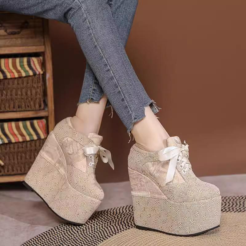 Fashion 2025 New Women's 15CM Extra High Heel Platform Shoes  Breathable Wedge Sandals with Lace-Up Design Slimming Casual shoes