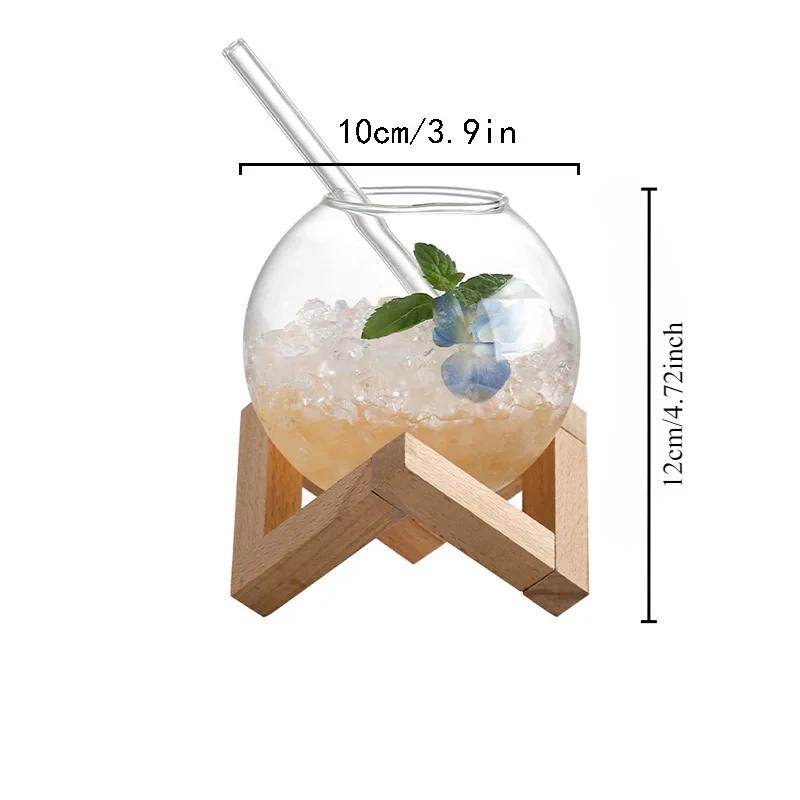 Bicchiere Tazza da Bere con Supporto in Legno Forma Lunare Rotonda Creativa Tazza da Bere Tazza da Cocktail Tazza per Smoothie Frutta Luna Succo Bicchiere Trasparente