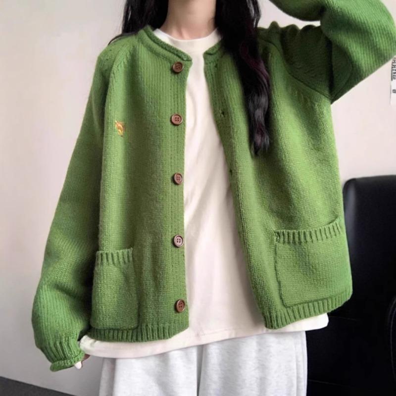 Vintage Green Knitted Cardigan Sweater Jacket Women's Autumn New Lazy Loose Wind Soft Waxy Fashion Top