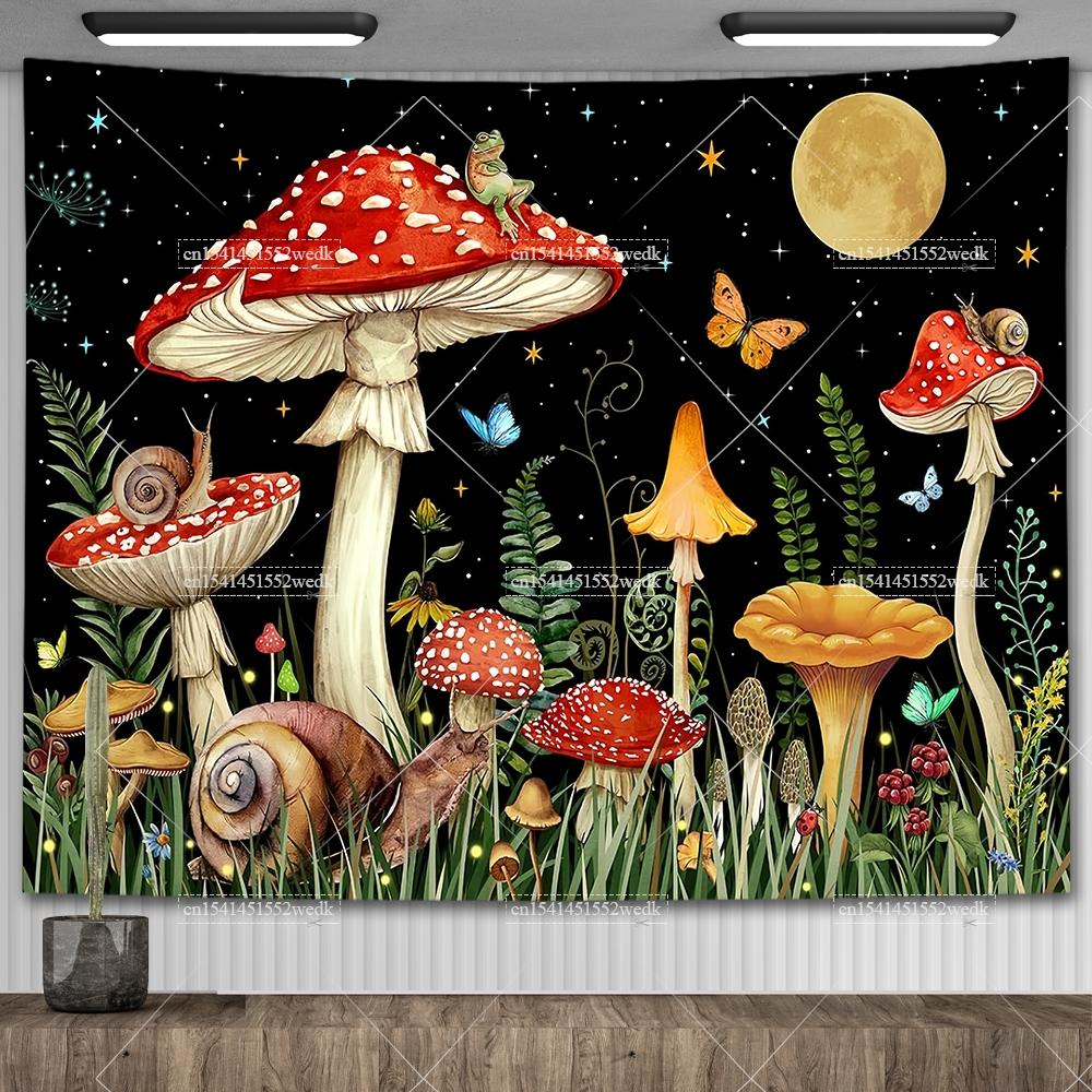 Mushroom Tapestry Moon Star Tapestries Butterfly Snail Frog Tapestrys Aesthetic Room Decor Starry Night Green Plant Tapastrys