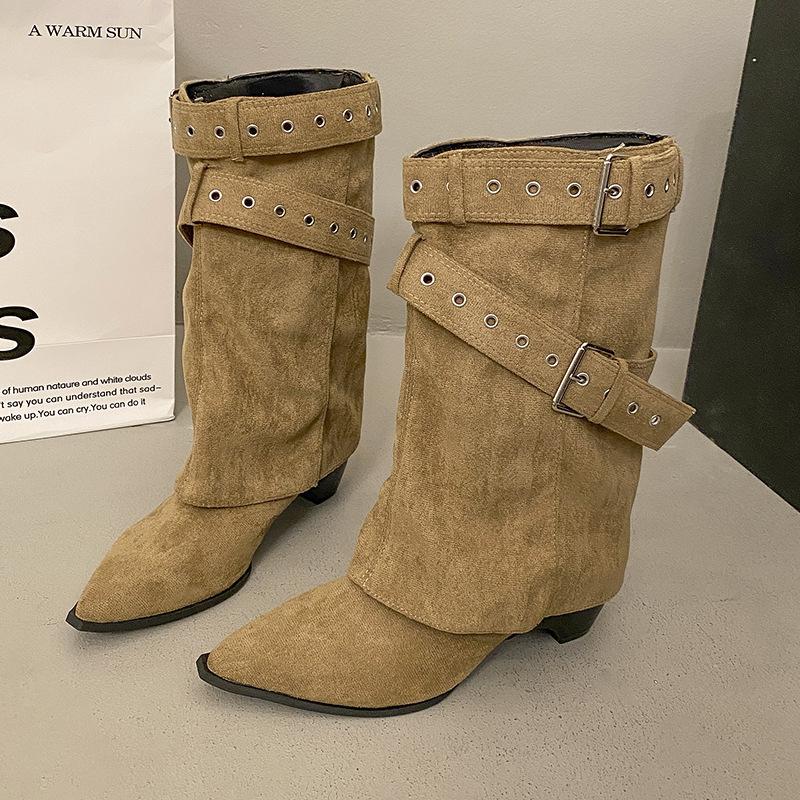 British style pointed head thick high-heeled short boots women's new spring skirt height-increasing and thin trouser boots women's