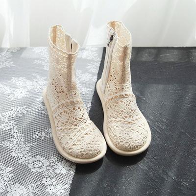 Botas femininas da moda outono novas botas de cabeça redonda de algodão oco respirável zíper lateral botas de malha plana