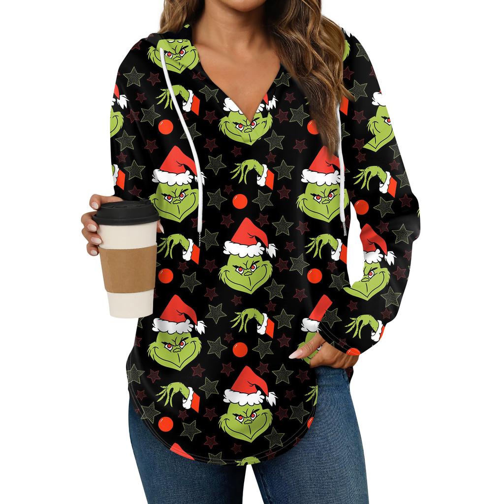 Women's Fashion Hoodies V Neck Long Sleeve Christmas Printed Drawstring Casual Loose Pullover Tops