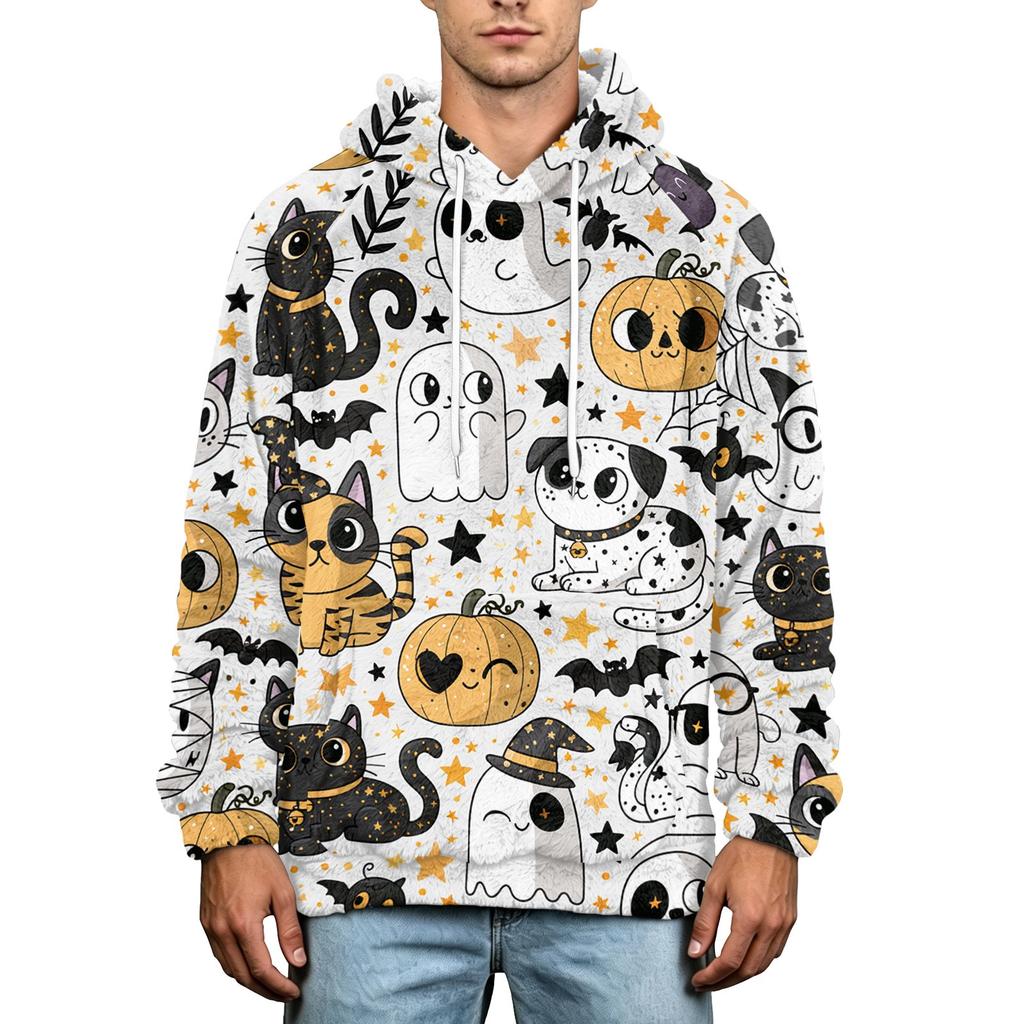 Men's Fall Winter Halloween Print Plus Size Hooded Flannel Sweatshirt Casual Trendy Streetwear