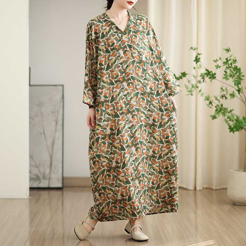 New Color V-neck Retro Long Skirt Cotton Linen Dress