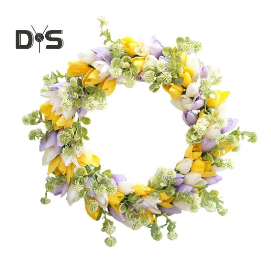 

15-дюймовый венок из тюльпанов для входной двери, весенне-летний венок из искусственного шелка с листьями эвкалипта, искусственный цветочный венок для внутреннего и наружного декора стен C