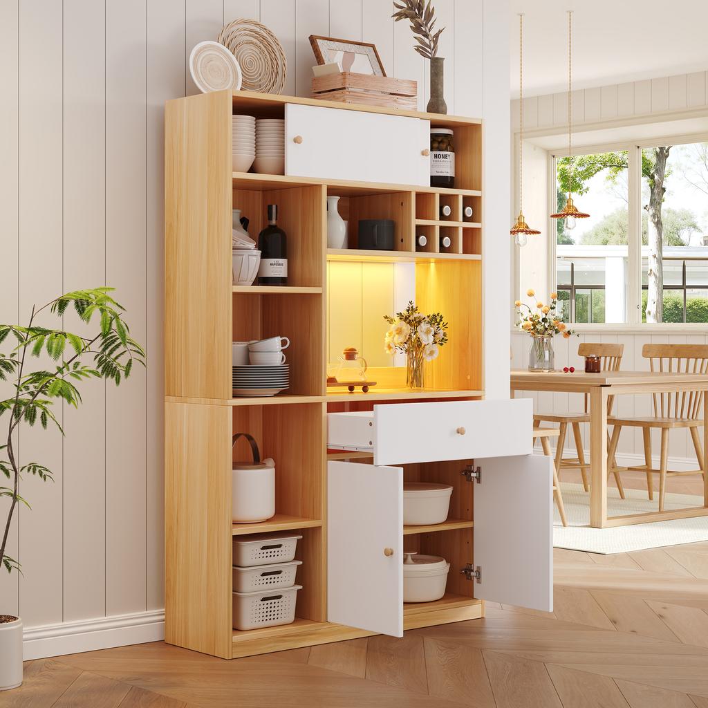 Kitchen Cabinet with LED Buffet Cabinet, with One Drawer, Three Doors and Shelves for Storing Cutlery, Large Space for Microwave. W115×D35×H180cm