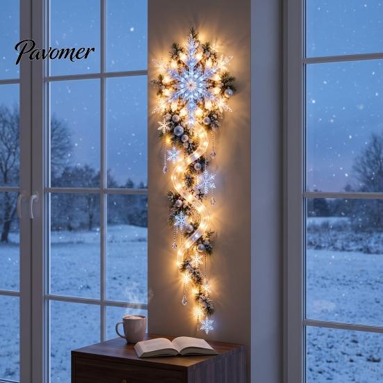 Fireplace Hanging Decorations Giant Snowflake Blizzard Trail Light, Acrylic Christmas Wall Decor with Warm Glow, Festive Window Holiday Party Ornament
