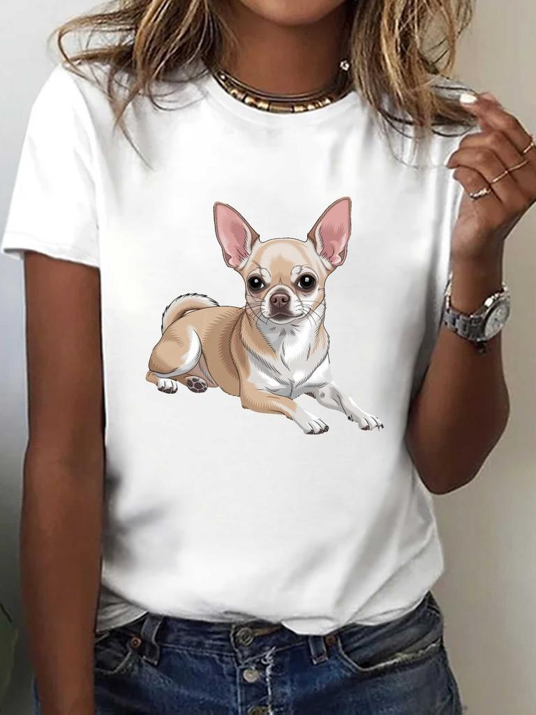 Women's Chihuahua Dog Lover Sleeve Crew Neck Casual Top with Realistic Chihuahua Illustration Print, Medium-Stretch Fit for Summer Spring Wear,