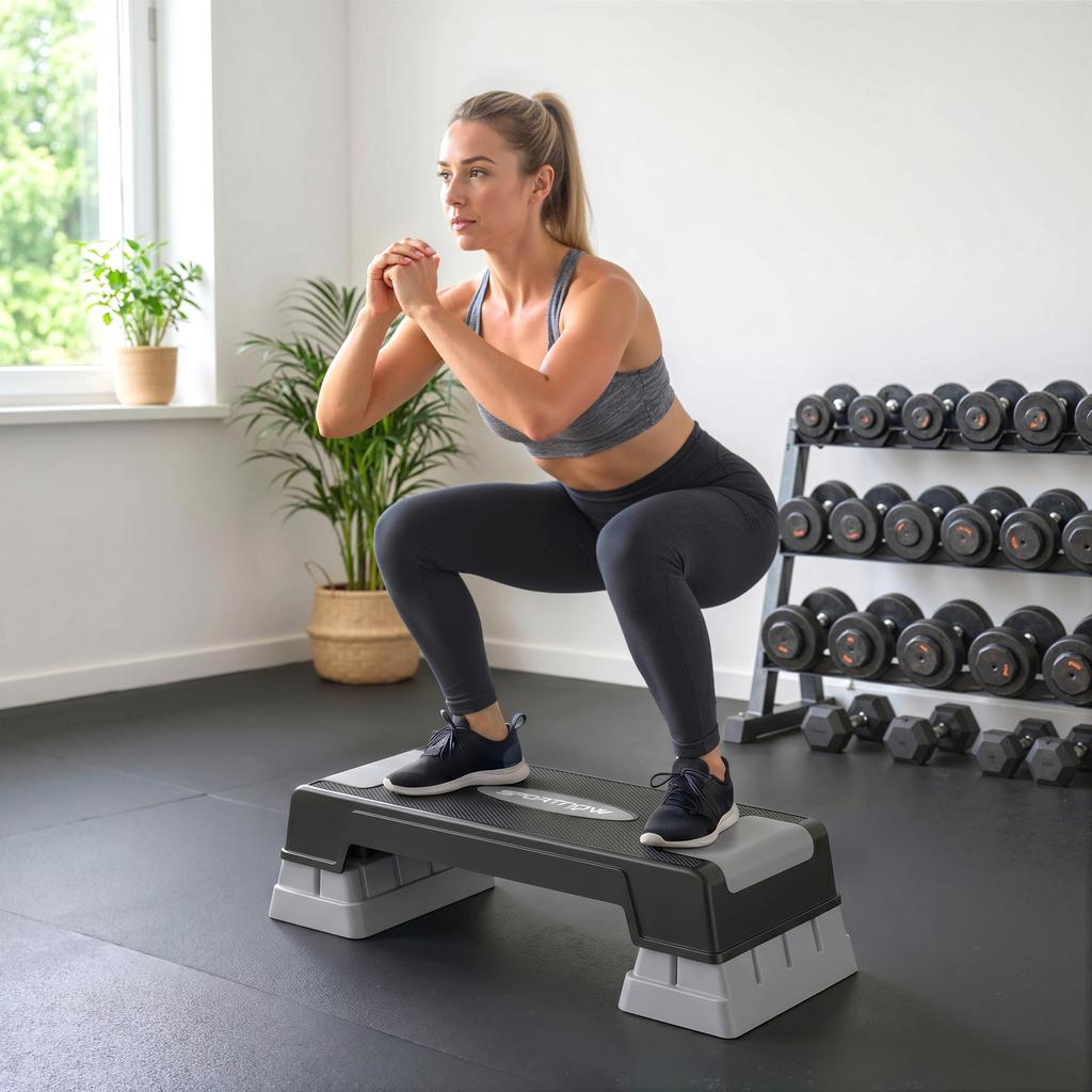 Aerobic Fitness Stepper, 3-Level, Adjustable Height 12/17.5/22.5 cm, Non-Slip, 250 kg Load, Gray