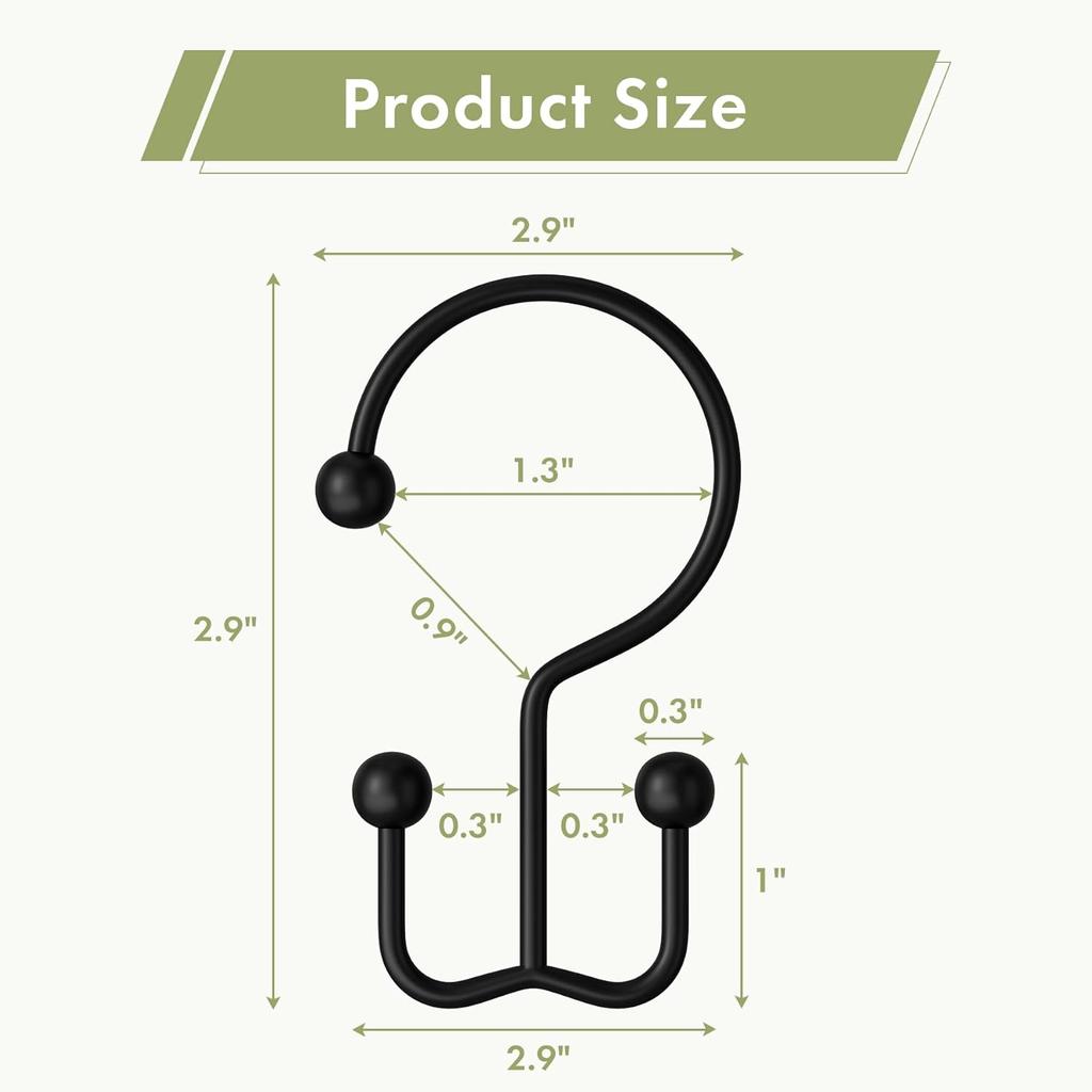 Amazer Black Shower Curtain Hooks, 12PCS Minimalist Simple Double Shower Curtain Rings, Rust-Resistant Metal Shower Hooks Shower Curtain Hangers,