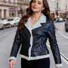 Women's Fleece Leather Jacket Thick Warm Flocked Leather Coat Turn-Down Collar PU Leather Jacket