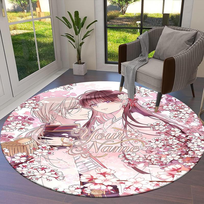 Cherry Blossom Journey Custom Name Round Area Rug Carpet Rug For Living Room Bedroom Sofa Playroom Decor Nonslip Floor Mat