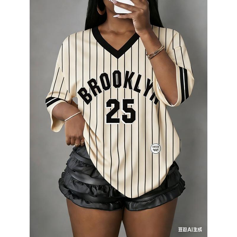 

Summer Trend Style Girls Fashionable V-Neck Short Sleeve T-Shirt Letter & Number Print Women s Casual Sport T-shirt Tops Tee XL