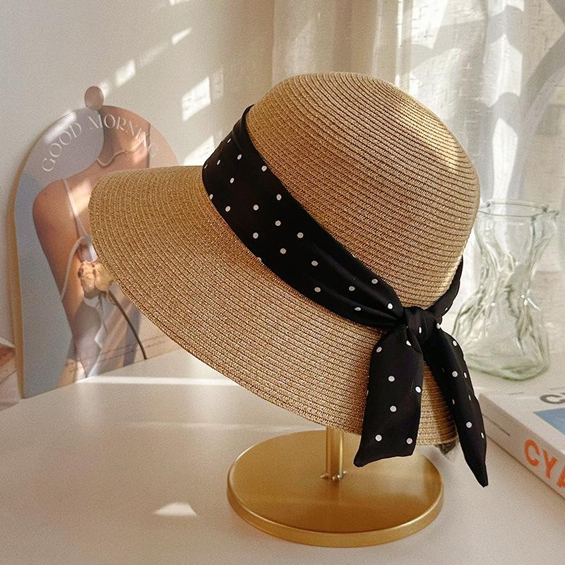Women's Japanese Style Polka Dot Straw Hat with Ribbon Bow
