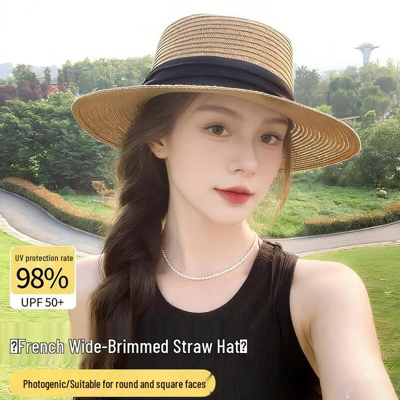 HAOGUAN Women s French Flat-Top Straw Sun Hat